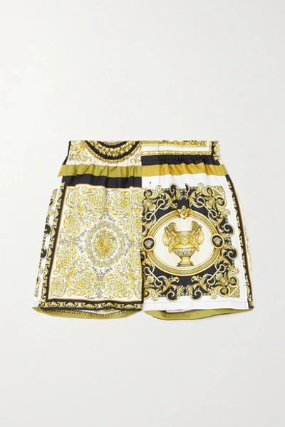Shop Versace Printed Silk-twill Shorts In Gold