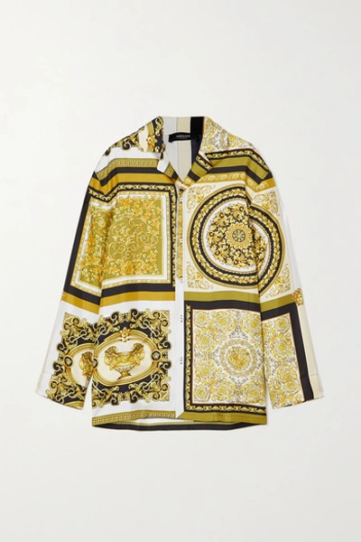 Shop Versace Printed Silk-twill Pajama Shirt In Gold