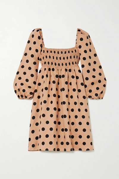 Shop Faithfull The Brand + Net Sustain Dallia Shirred Polka-dot Linen Mini Dress In Camel