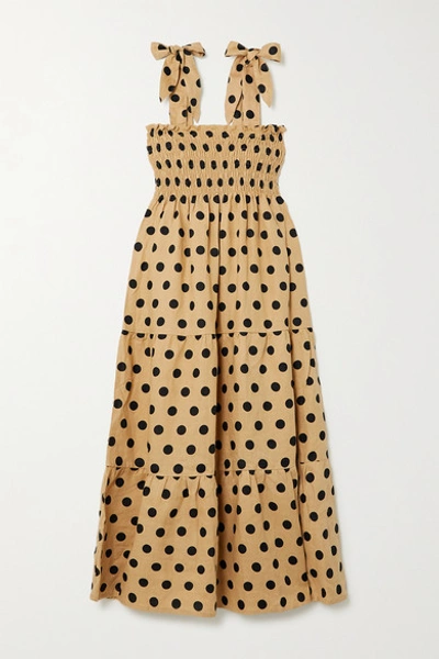 Shop Faithfull The Brand + Net Sustain Rianne Tie-detailed Polka-dot Linen Midi Dress In Camel