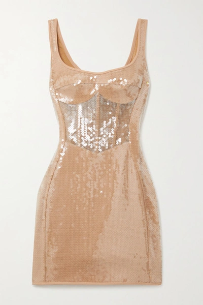 Shop David Koma Sequined Tulle And Cady Mini Dress In Beige