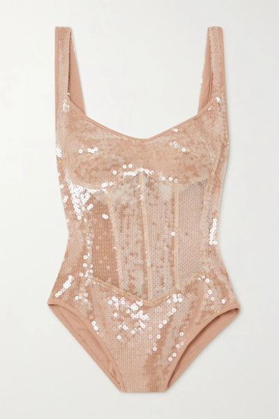 Shop David Koma Sequined Tulle And Jersey Bodysuit In Beige