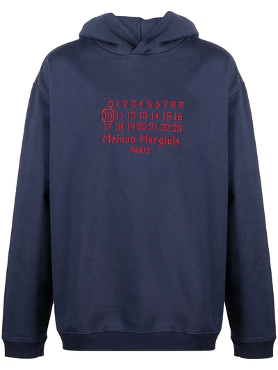 Shop Maison Margiela Embroidered-logo Long-sleeve Hoodie In Blue