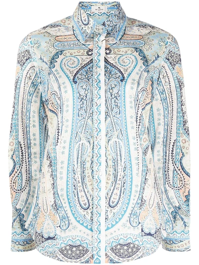 Shop Etro Paisley-print Long Sleeved Shirt In Blue ,white