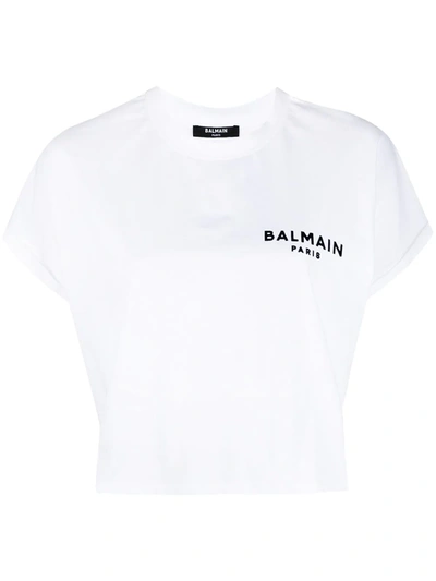 Shop Balmain Logo-embroidered Cropped T-shirt In White