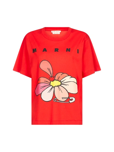 Shop Marni Flower And Logo Print Cotton T-shirt In Red