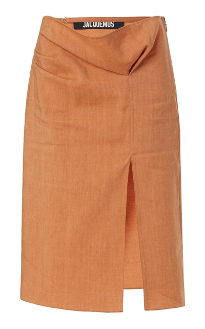 Shop Jacquemus Women's Drap Tie-detailed Pleated Hemp-blend Midi Skirt In Brown