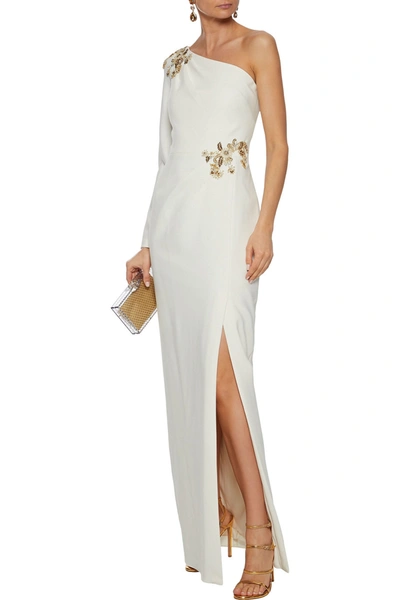 Shop Marchesa Notte One-shoulder Embellished Stretch-cady Gown In Ivory