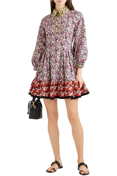 Shop Valentino Ruffled Floral-print Cotton-poplin Mini Dress In Lilac