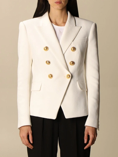 Shop Balmain Double-breasted Jacket In Piqu&eacute; Cotton In White