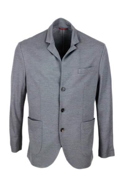 Shop Brunello Cucinelli Blazer Jacket In Wool Pique With 3 Buttons, Patch Pockets With Visible Stitching In Grey