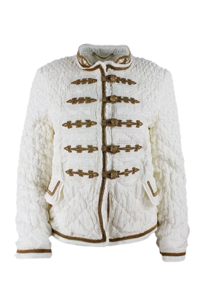 Shop Ermanno Scervino Light Long-sleeved Quilted Jacket With Frogs And Inserts In Gold Color In White