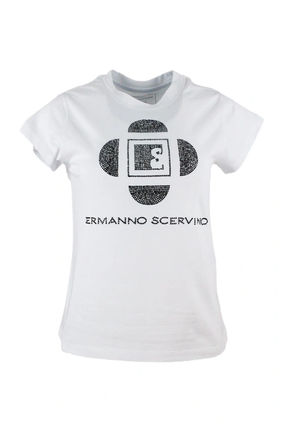 Shop Ermanno Scervino Short Sleeve Crewneck T-shirt With Crystal Logo In White