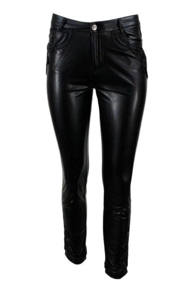 Shop Ermanno Scervino Slim Faux Leather Trousers With Embossed Inserts In Black