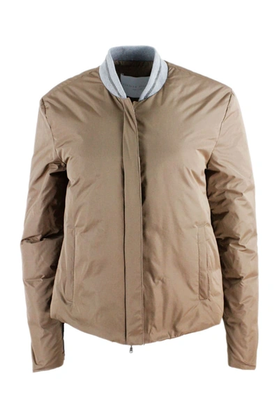 Shop Fabiana Filippi Bomber Jacket In Light Real Down With Monili On The Neck In Brown