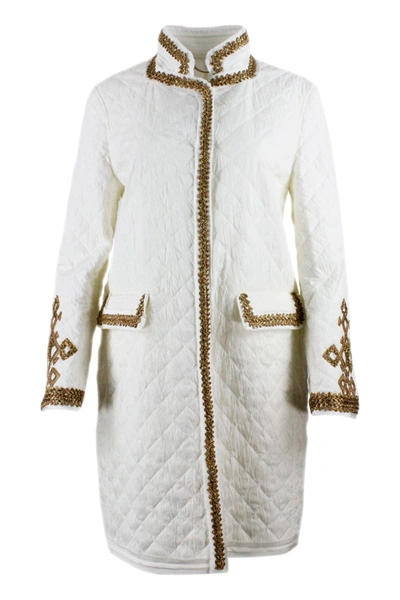 Shop Ermanno Scervino Light Long-sleeved Quilted Coat With Gold-colored Inserts In White