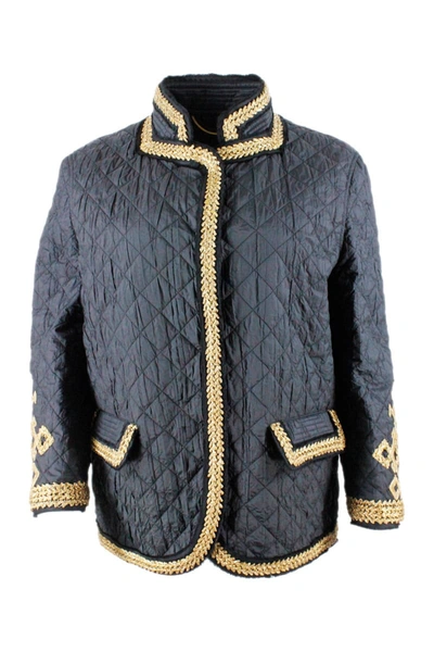 Shop Ermanno Scervino Light Long-sleeved Quilted Jacket With Buttons And Inserts In Gold Color In Black