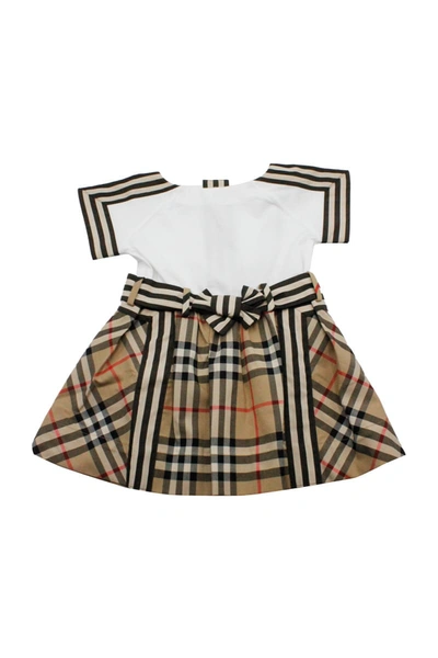 Shop Burberry Short Sleeve Dress With Bow And Check Bottom In Beige