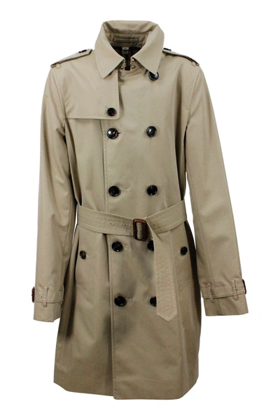 Shop Burberry Trench Coat In Cotton Gabardine With Buttons And Belt With Check Interior In Beige