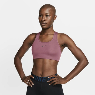 Shop Nike Dri-fit Swoosh Women's Medium-support 1-piece Pad Sports Bra In Desert Berry,black