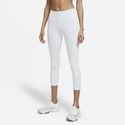 Shop Nike Epic Luxe Women's Mid-rise Crop Pocket Running Leggings In Pure Platinum,light Smoke Grey