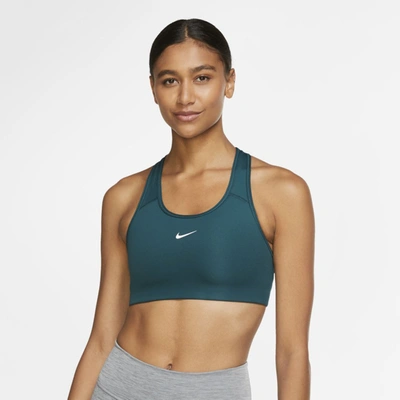 Shop Nike Swoosh Women's Medium-support 1-piece Pad Sports Bra (dark Atomic Teal) In Dark Atomic Teal,white