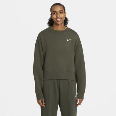 Shop Nike Sportswear Essential Women's Fleece Crew In Cargo Khaki,white