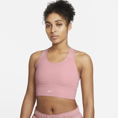 Shop Nike Dri-fit Swoosh Women's Medium-support 1-piece Padded Longline Sports Bra In Pink Glaze,white