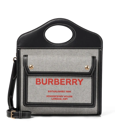 Shop Burberry Pocket Mini Leather-trimmed Canvas Tote In Black