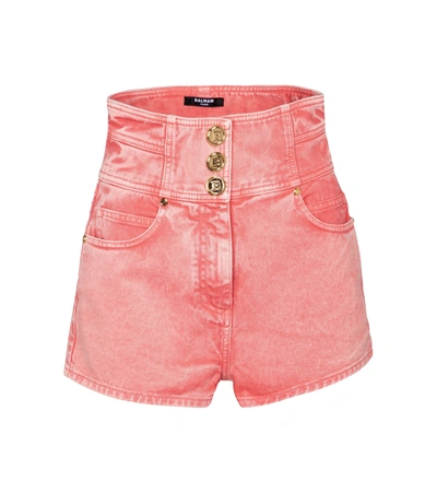 Shop Balmain High-rise Denim Shorts In Pink