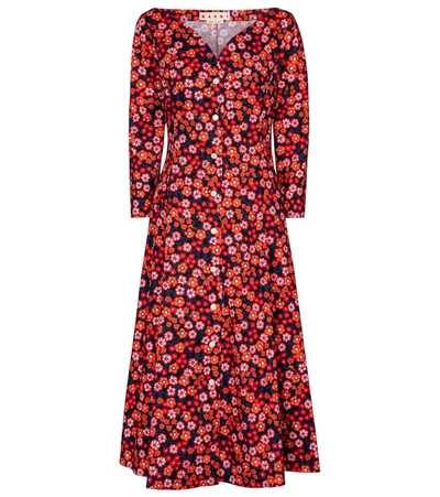 Shop Marni Floral Cotton Midi Dress In Red