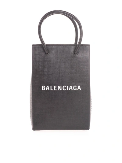 Shop Balenciaga Checked Texture Leathered Shopping Mobile Phone Bag In Blac In Black