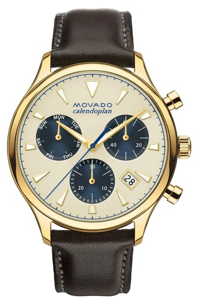 Shop Movado 'heritage' Chronograph Leather Strap Watch, 43mm In Brown/ Beige