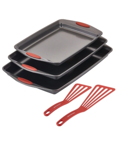 Shop Rachael Ray Nonstick Bakeware Cookie Pan Set, 5-pc., Gray With Red Silicone Grips In Gray With Red Grips