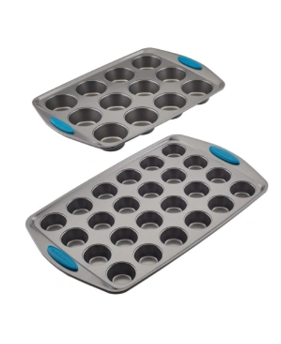 Shop Rachael Ray Yum-o! Nonstick 2-pc. Bakeware Mini Muffin And Cupcake Pan Set In Gray With Blue Grips