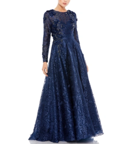 Shop Mac Duggal Women's Embellished Illusion Long Sleeve A Line Gown In Navy