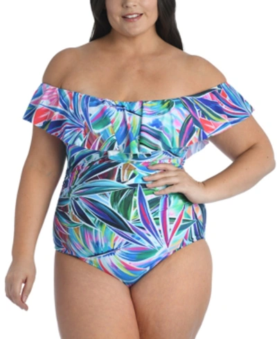 Shop La Blanca Plus Size Palm Off-the-shoulder One-piece Swimsuit Women's Swimsuit In Multi