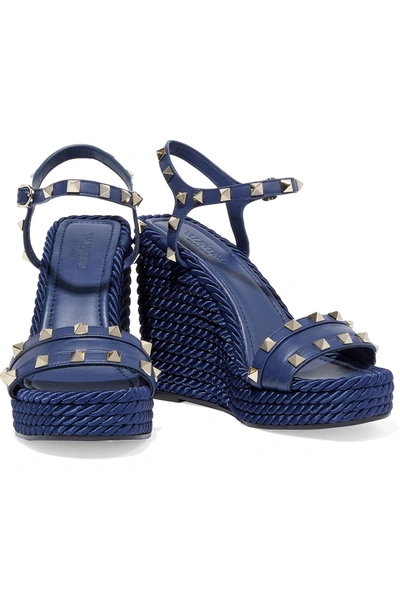 Shop Valentino Rockstud Leather Wedge Sandals In Navy