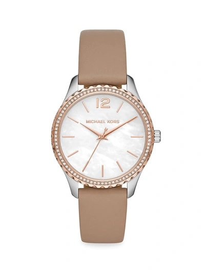 Shop Michael Kors Layton Pavé, Rose Goldtone Stainless Steel & Leather Watch In Beige