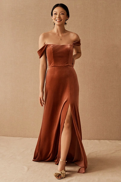 Shop Jenny Yoo Issa Off-the-shoulder Stretch Velvet Column Gown In Pink