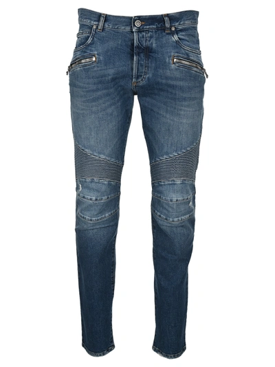Shop Balmain Tapered Ripped Blue Cotton Jeans