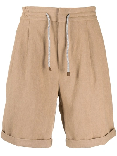 Shop Brunello Cucinelli Drawstring Linen Shorts In Neutrals