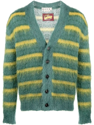 Shop Marni Horizontal-stripe Knitted Cardigan In Green
