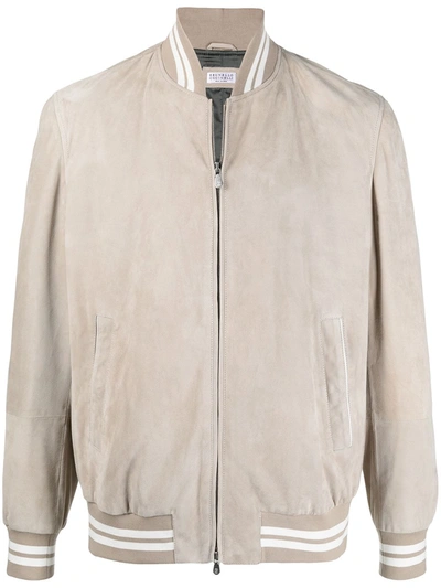 Shop Brunello Cucinelli Stripe-trimmed Bomber Jacket In Neutrals