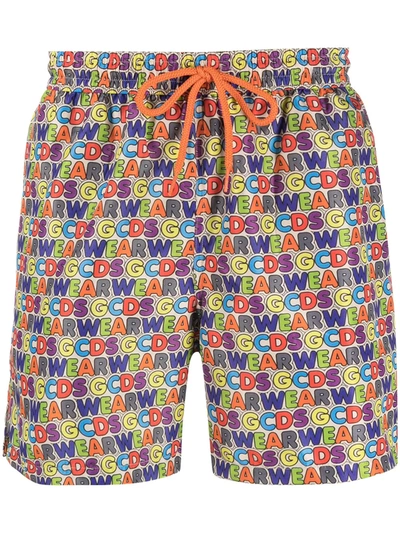 Shop Gcds All-over Logo Print Swim Shorts In Blue