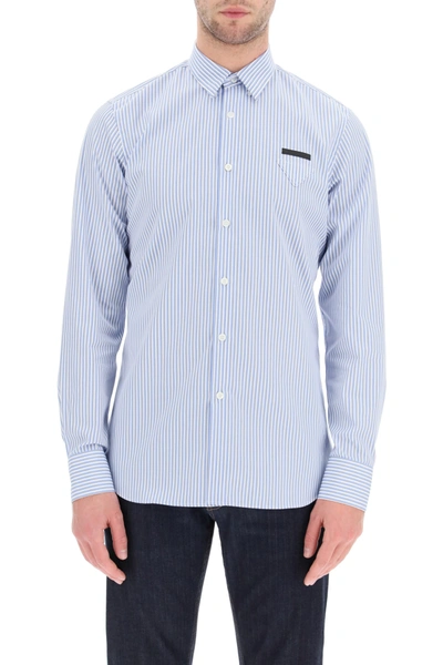 Shop Prada Classic Shirt In Striped Cotton In Azzurro (light Blue)