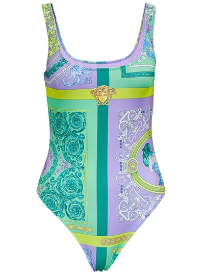 Shop Versace One-piece Swimsuit With Barocco Mosaic Print In Violet