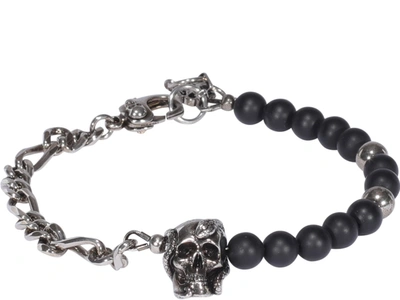 Shop Alexander Mcqueen Beads And Skull Bracelet In Silver