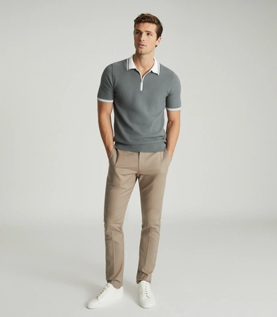 Shop Reiss Textured Zip Neck Polo Shirt In Sage
