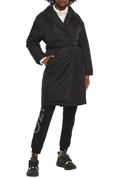 Shop Kenzo Double-breasted Belted Shell Hooded Coat In Black